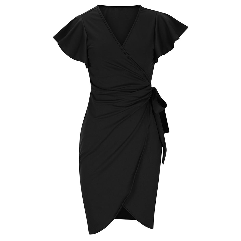 Betty – V-neck Tight Waist Pleating Bell Sleeve Sheath Dress