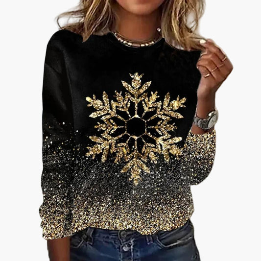 Women's Festive Glitter Snowflake Long Sleeve Party Top – Sparkling Holiday Blouse