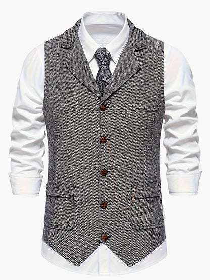Men's Classic Herringbone Suit Vest with Lapel – Formal Business Waistcoat