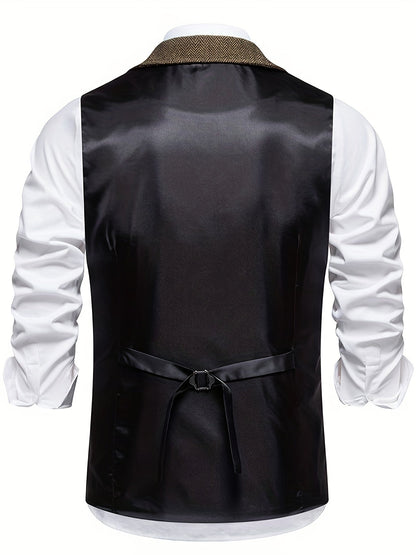 Men's Classic Herringbone Suit Vest with Lapel – Formal Business Waistcoat