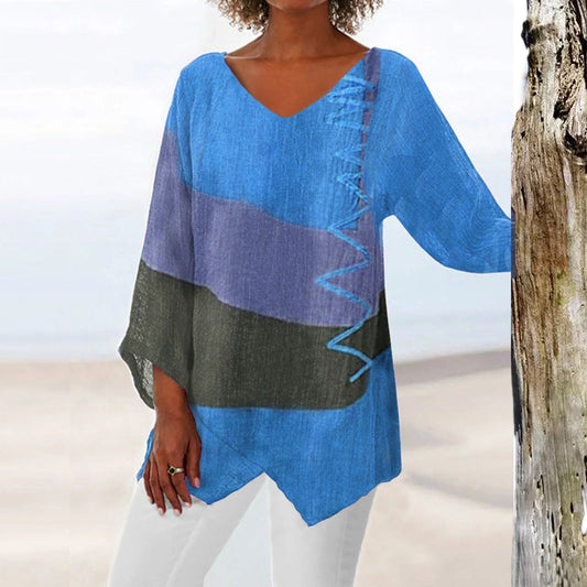 Alice – Casual Loose V-neck Irregular Hem Art Print Long Sleeve Retro Top
