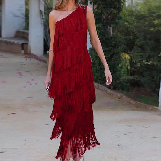 Andrea – Layered Fringe Design Dress with Diagonal Collar