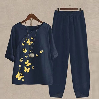 Angela – Spring New Women's Five-quarter Sleeve Printed Top and Pants Set