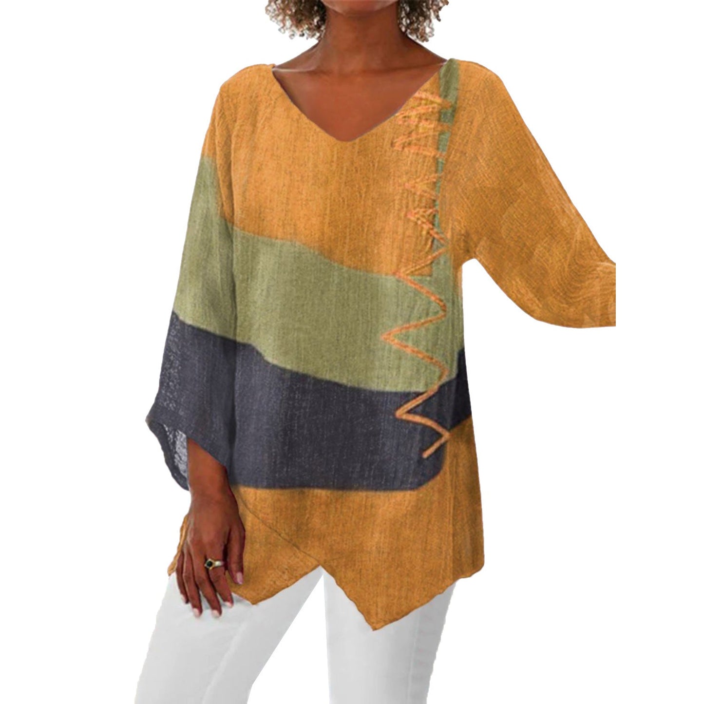 Alice – Casual Loose V-neck Irregular Hem Art Print Long Sleeve Retro Top