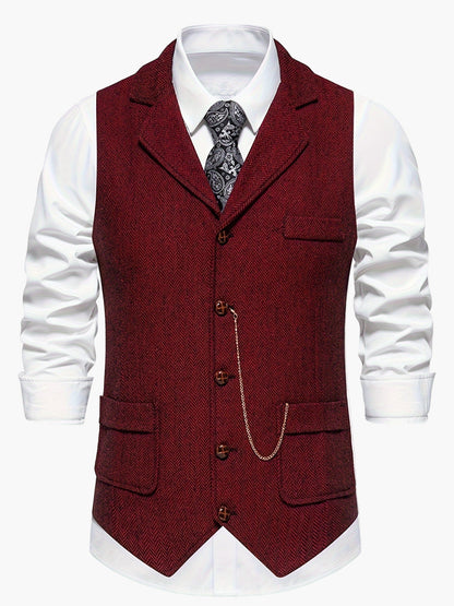 Men's Classic Herringbone Suit Vest with Lapel – Formal Business Waistcoat