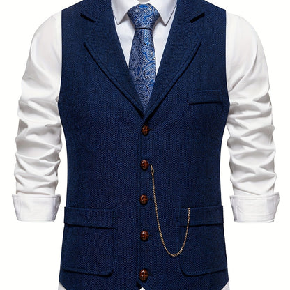 Men's Classic Herringbone Suit Vest with Lapel – Formal Business Waistcoat
