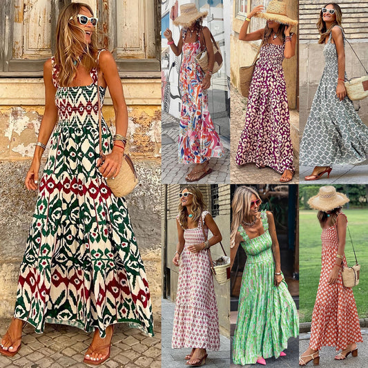 Helen – Elegant Floral Print French Strap Summer Dress