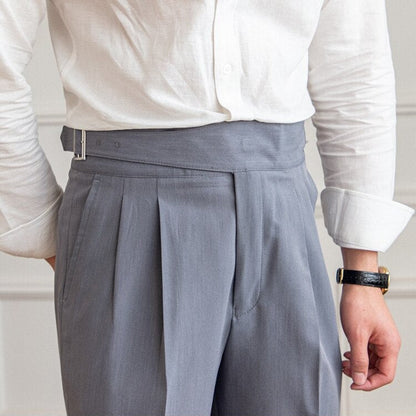 Men's High-Waisted Tailored Pleated Trousers with Adjustable Side Buckle – Elegant Formal & Business Casual Pants