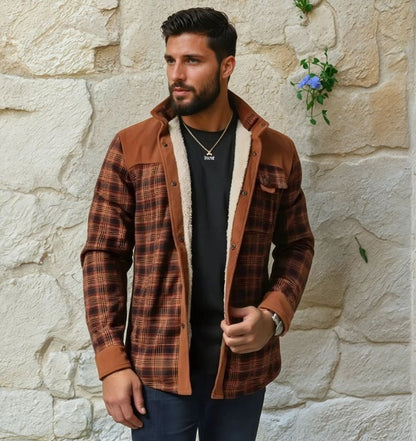 Men's Outdoor Plaid Fleece-Lined Shirt Jacket – Classic Stand Collar Workwear