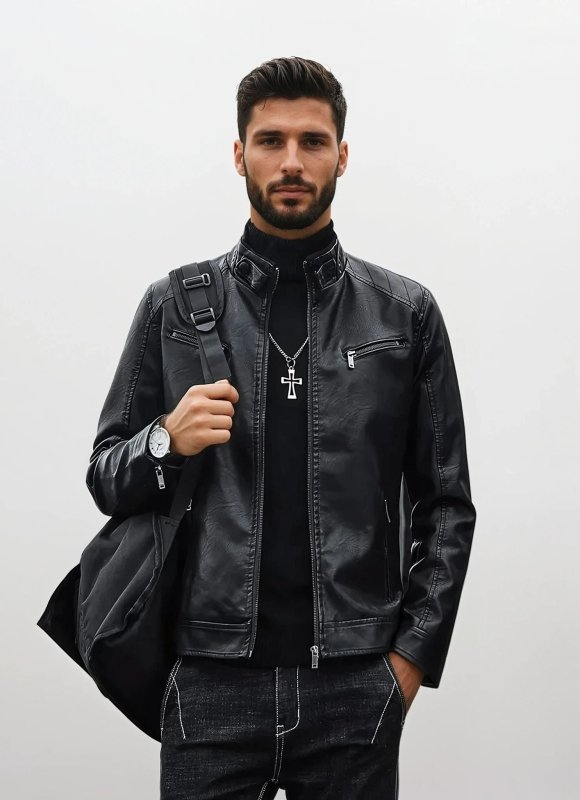 Men's Biker Style Casual PU Leather Jacket for Night Out