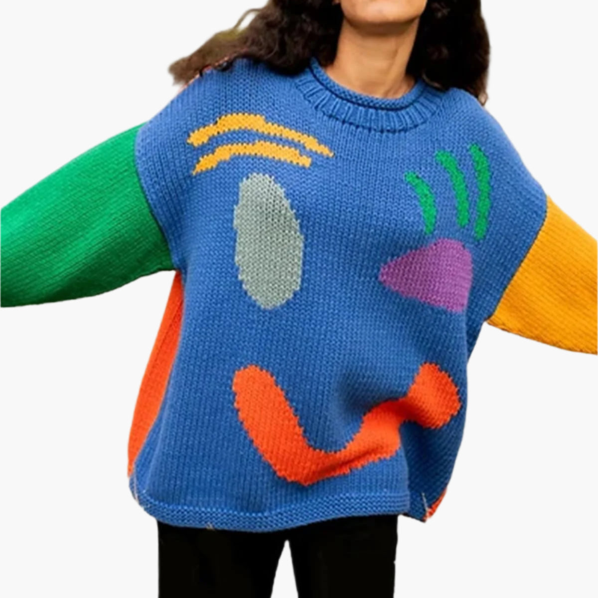 Women's Playful Face Knit Sweater – Relaxed Fit Artistic Jumper for Casual Comfort