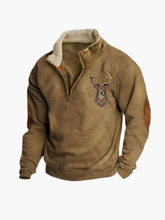 Men's Casual Quarter Zip Pullover with Sherpa Lining and Deer Embroidery - Outdoor Cozy Sweater