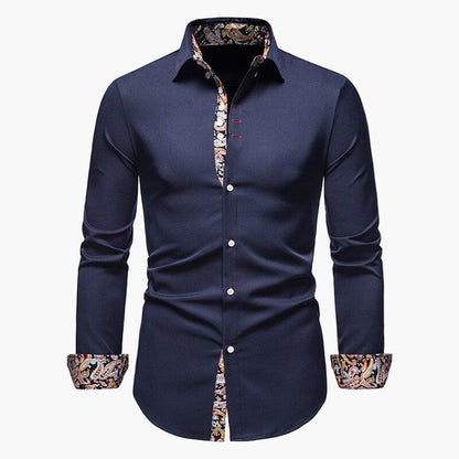 Men's Modern Long Sleeve Dress Shirt with Paisley Contrast Trim – Stylish Formal & Casual Shirt