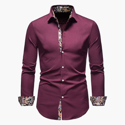 Men's Modern Long Sleeve Dress Shirt with Paisley Contrast Trim – Stylish Formal & Casual Shirt