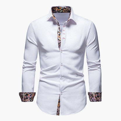 Men's Modern Long Sleeve Dress Shirt with Paisley Contrast Trim – Stylish Formal & Casual Shirt