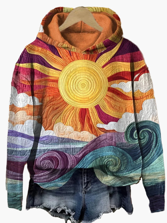 Women's Artistic Sun and Waves Graphic Hoodie Casual Pullover