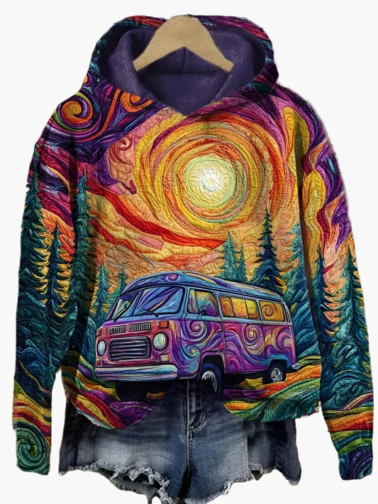 Women's Artistic Retro Van Adventure Hoodie - Vibrant Boho Festival Style Pullover