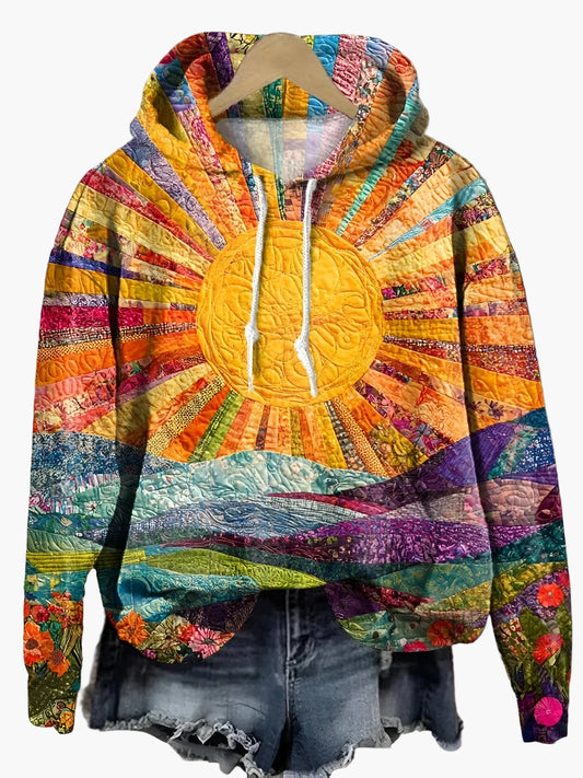 Women's Artistic Sunrise Print Casual Hoodie - Vibrant Boho Style Pullover