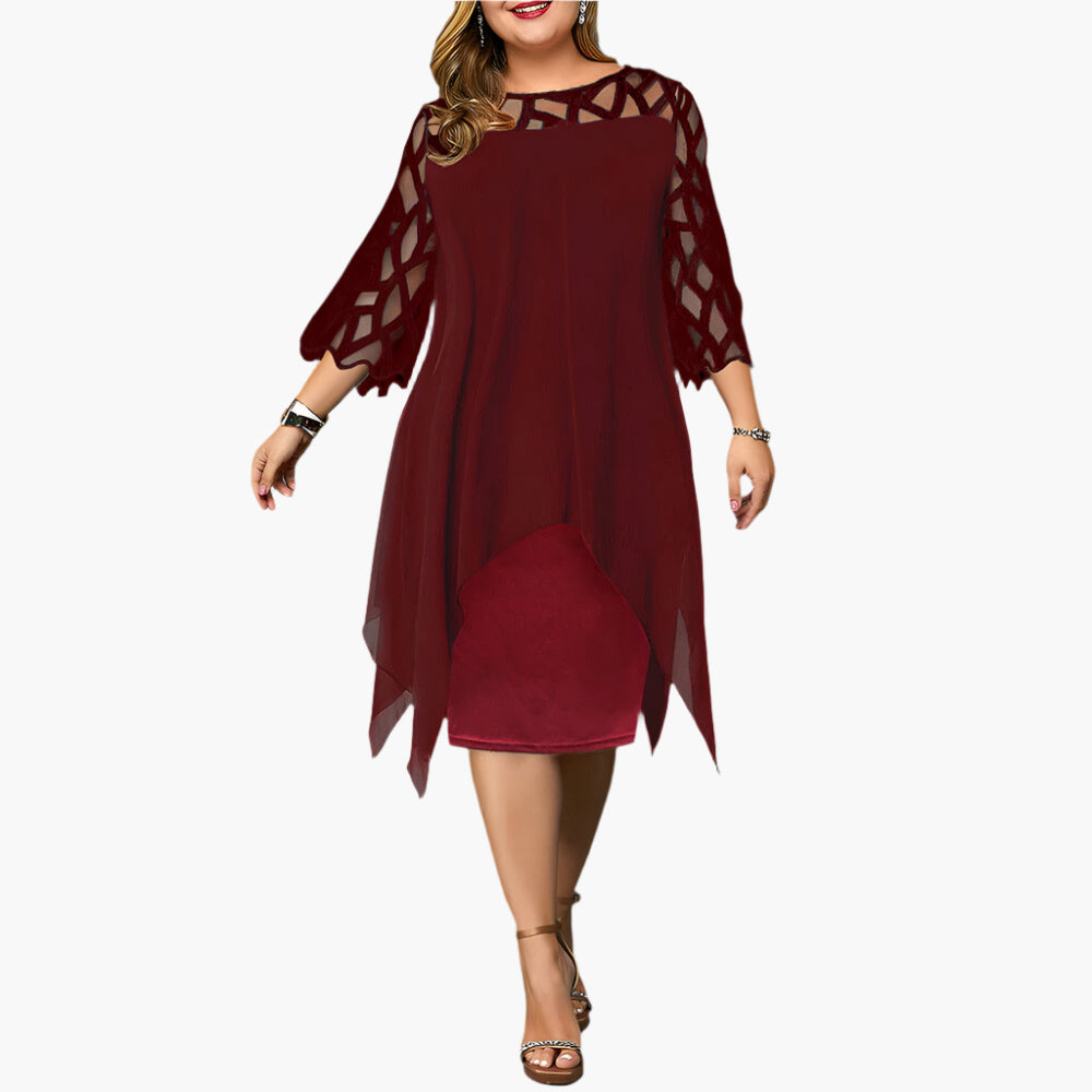Women's Elegant Plus Size Midi Dress with Sheer Lace Sleeves – Stylish Cocktail & Evening Wear