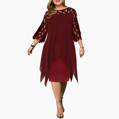 Women's Elegant Plus Size Midi Dress with Sheer Lace Sleeves – Stylish Cocktail & Evening Wear
