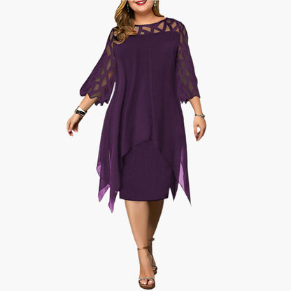 Women's Elegant Plus Size Midi Dress with Sheer Lace Sleeves – Stylish Cocktail & Evening Wear