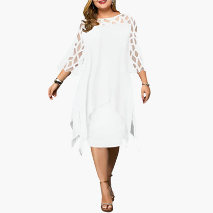 Women's Elegant Plus Size Midi Dress with Sheer Lace Sleeves – Stylish Cocktail & Evening Wear