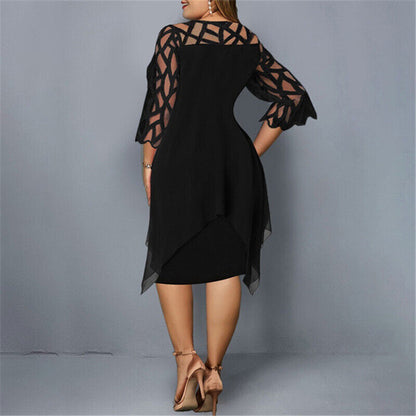 Women's Elegant Plus Size Midi Dress with Sheer Lace Sleeves – Stylish Cocktail & Evening Wear