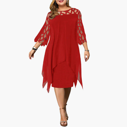 Women's Elegant Plus Size Midi Dress with Sheer Lace Sleeves – Stylish Cocktail & Evening Wear