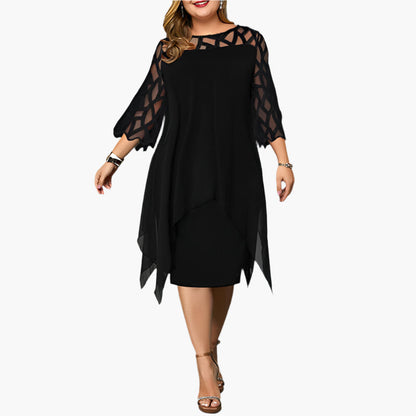 Women's Elegant Plus Size Midi Dress with Sheer Lace Sleeves – Stylish Cocktail & Evening Wear