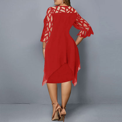 Women's Elegant Plus Size Midi Dress with Sheer Lace Sleeves – Stylish Cocktail & Evening Wear