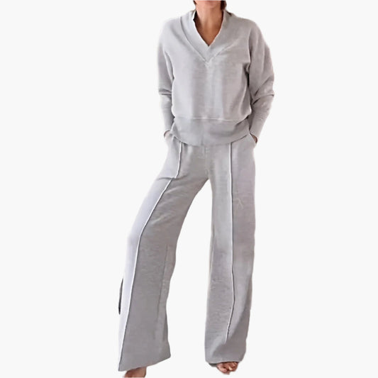 Women's 2-Piece Lounge and Sportswear Set – Elegant V-Neck Sweater & Wide-Leg Pants for Comfort and Style
