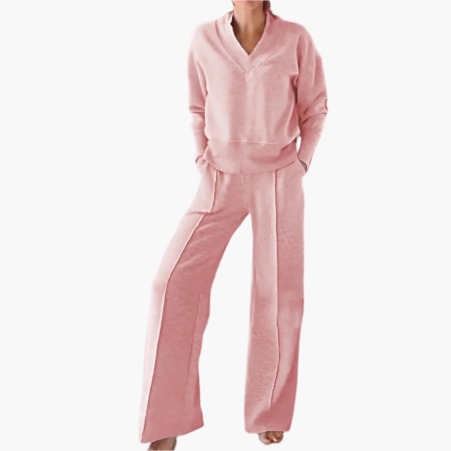 Women's 2-Piece Lounge and Sportswear Set – Elegant V-Neck Sweater & Wide-Leg Pants for Comfort and Style