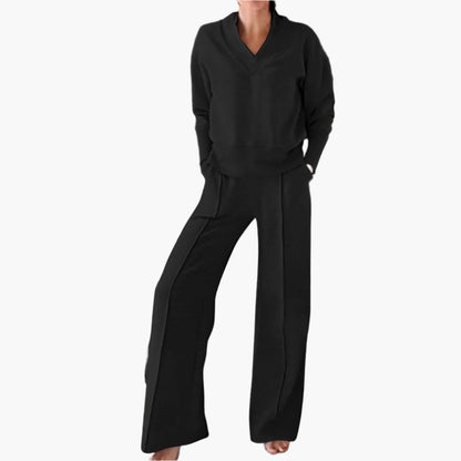 Women's 2-Piece Lounge and Sportswear Set – Elegant V-Neck Sweater & Wide-Leg Pants for Comfort and Style