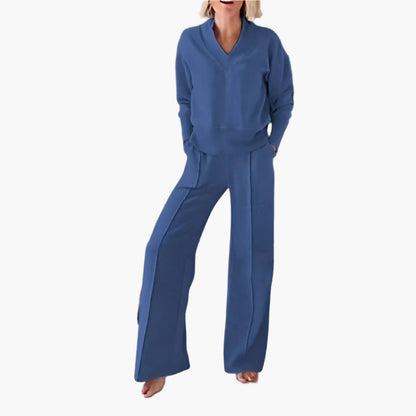 Women's 2-Piece Lounge and Sportswear Set – Elegant V-Neck Sweater & Wide-Leg Pants for Comfort and Style