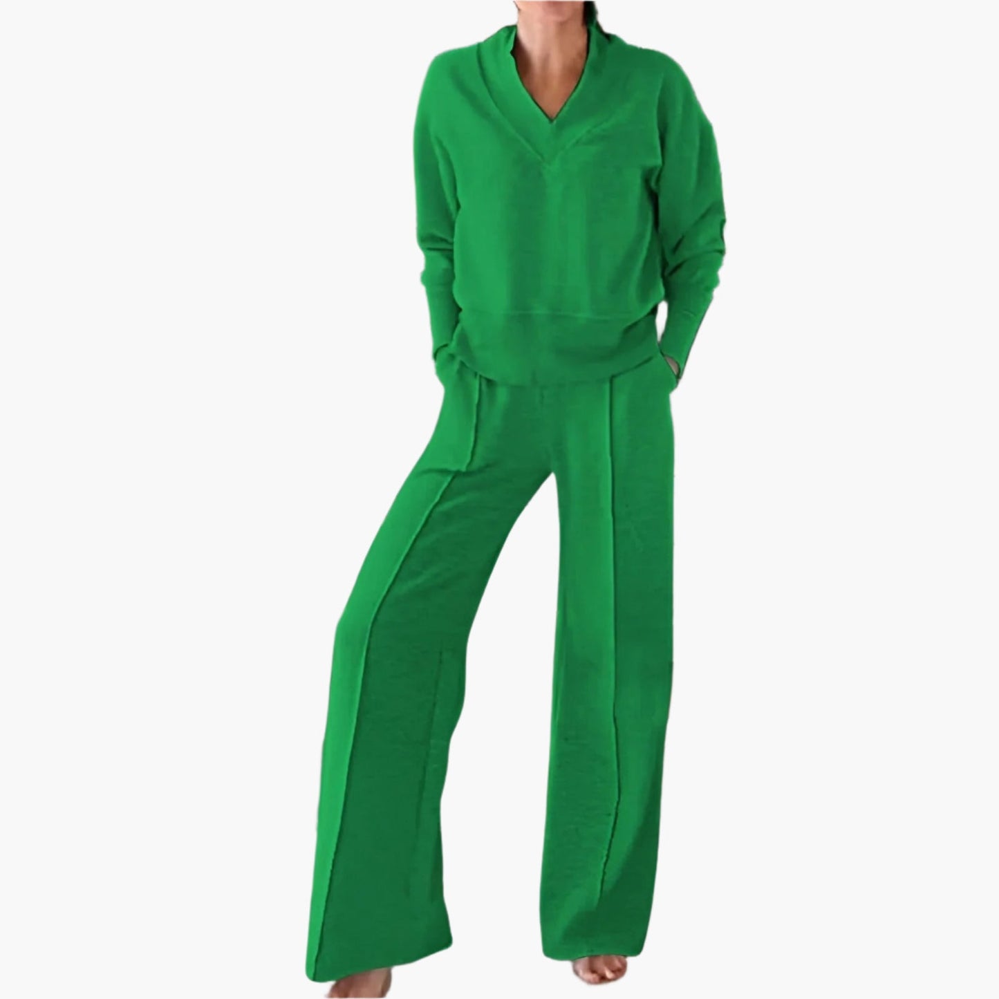 Women's 2-Piece Lounge and Sportswear Set – Elegant V-Neck Sweater & Wide-Leg Pants for Comfort and Style
