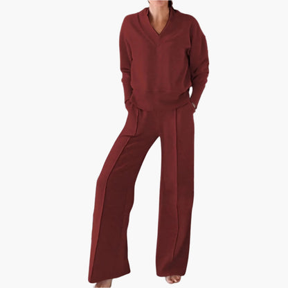 Women's 2-Piece Lounge and Sportswear Set – Elegant V-Neck Sweater & Wide-Leg Pants for Comfort and Style