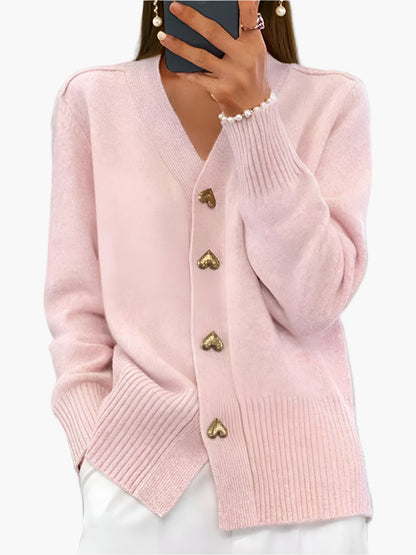 Women's Heart Button Knit Cardigan – Cozy V-Neck Long Sleeve Sweater for Autumn & Winter