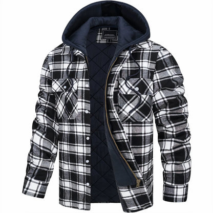 Men's Hooded Plaid Flannel Winter Jacket – Casual Urban Style for Fall and Winter