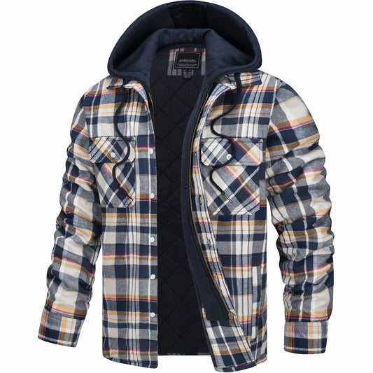 Men's Hooded Plaid Flannel Winter Jacket – Casual Urban Style for Fall and Winter
