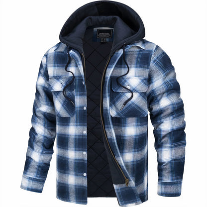 Men's Hooded Plaid Flannel Winter Jacket – Casual Urban Style for Fall and Winter