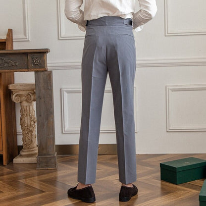 Men's High-Waisted Tailored Pleated Trousers with Adjustable Side Buckle – Elegant Formal & Business Casual Pants